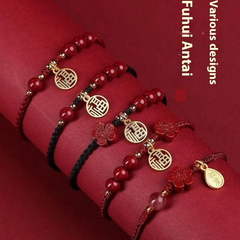 Cinnabar ethnic braided rope bracelet with blessing card for college entrance exam luck