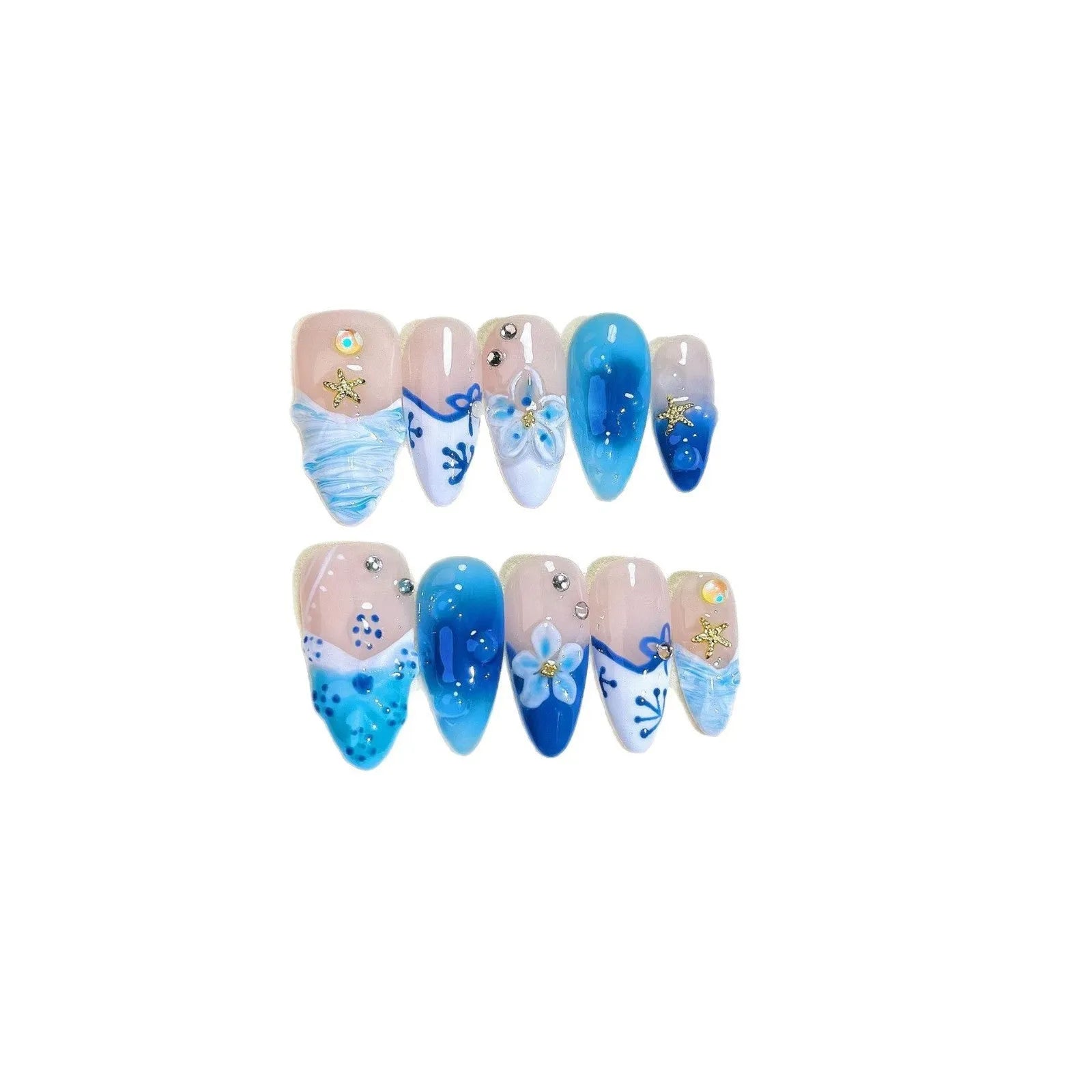 Blue hand-painted carved summer ice transparent plastic fake nails set with decorative surface detailing
