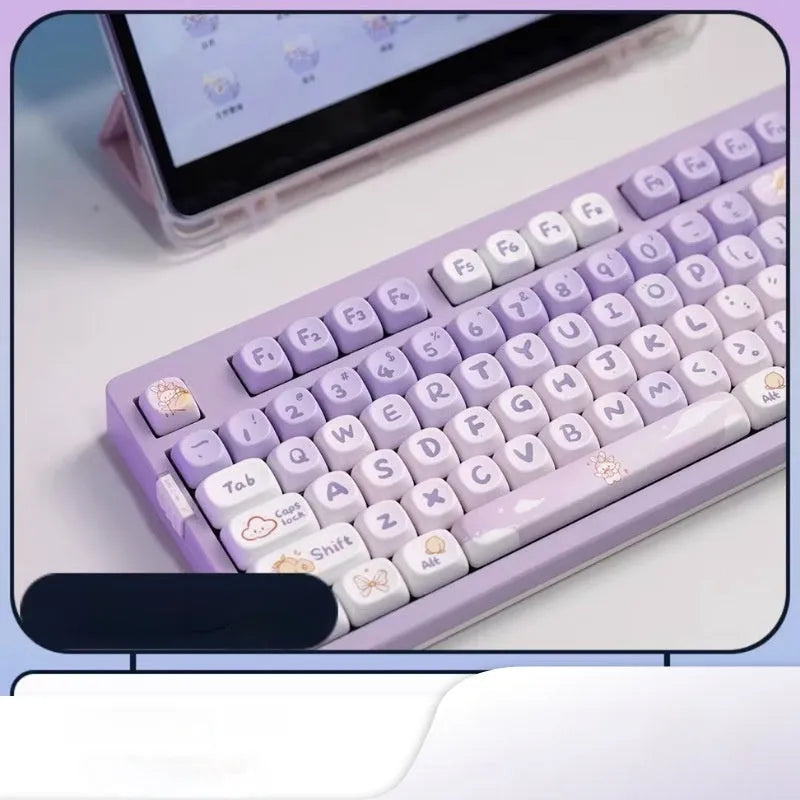 Gradient purple PBT keycaps with sublimation printed rabbit designs for mechanical keyboards