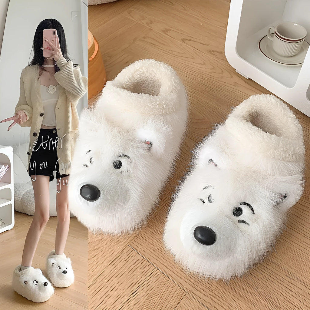 Grey and white plush ankle wrap cotton slippers with insulated artificial wool lining.