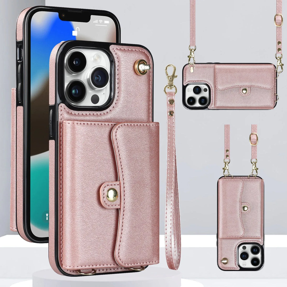 Mint green Samsung S23 Ultra leather case with card slot, kickstand, and crossbody strap on a white background