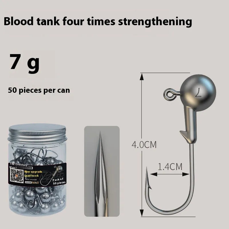Pack of 50 strengthened steel jig hooks with a single lead-headed fishing hook.