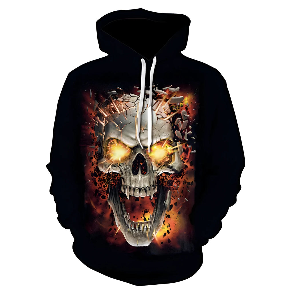Men's loose fit hooded sweatshirt with skull digital print, side pockets, and ribbed hem in picture colour