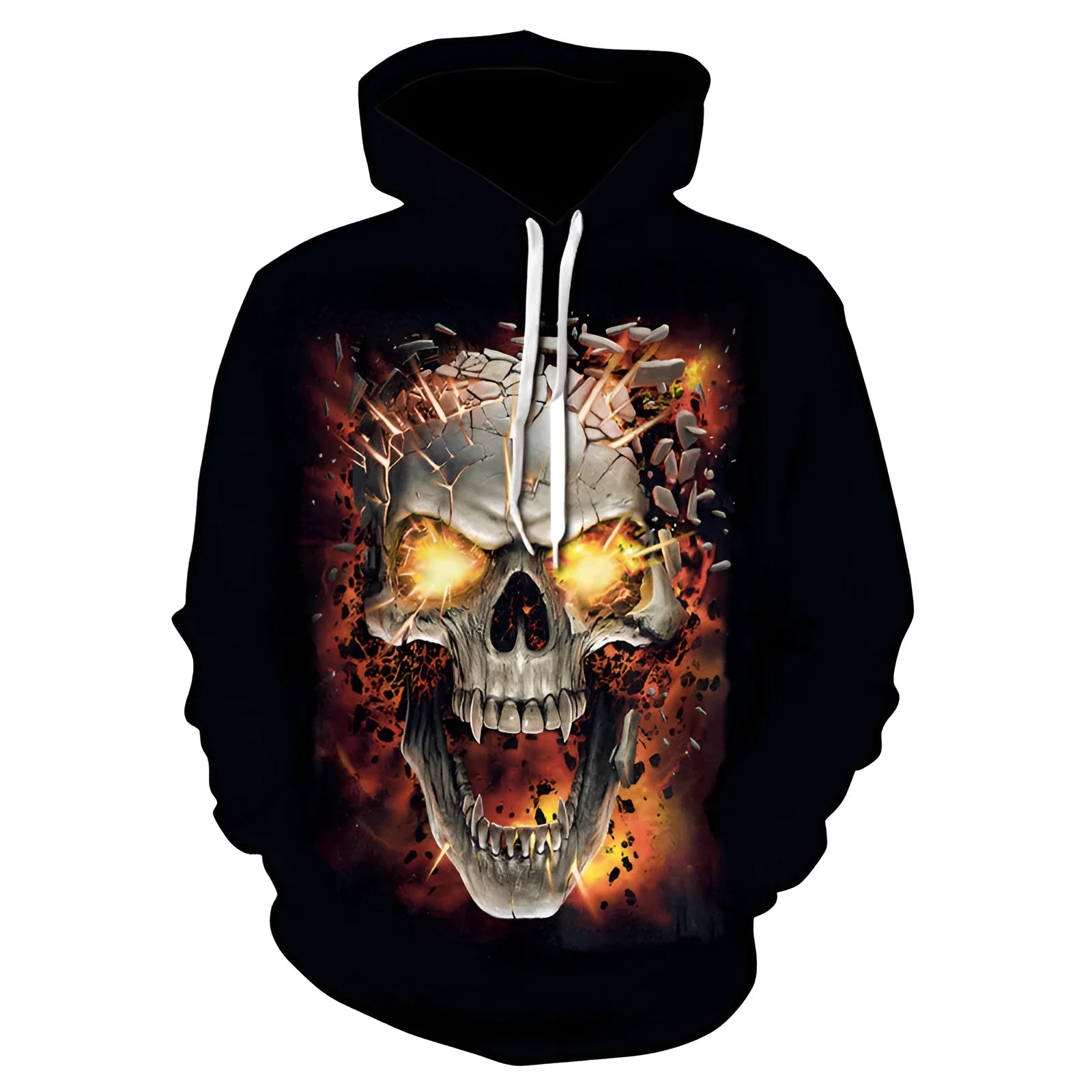 Men's loose fit hooded sweatshirt with skull digital print, side pockets, and ribbed hem in picture colour