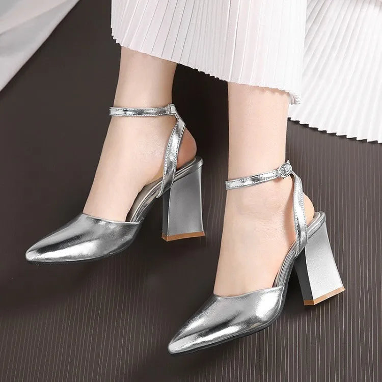 Women's thick high heel pointed toe sandals in silver or gold with cowhide upper and rubber sole, sizes 34-39.