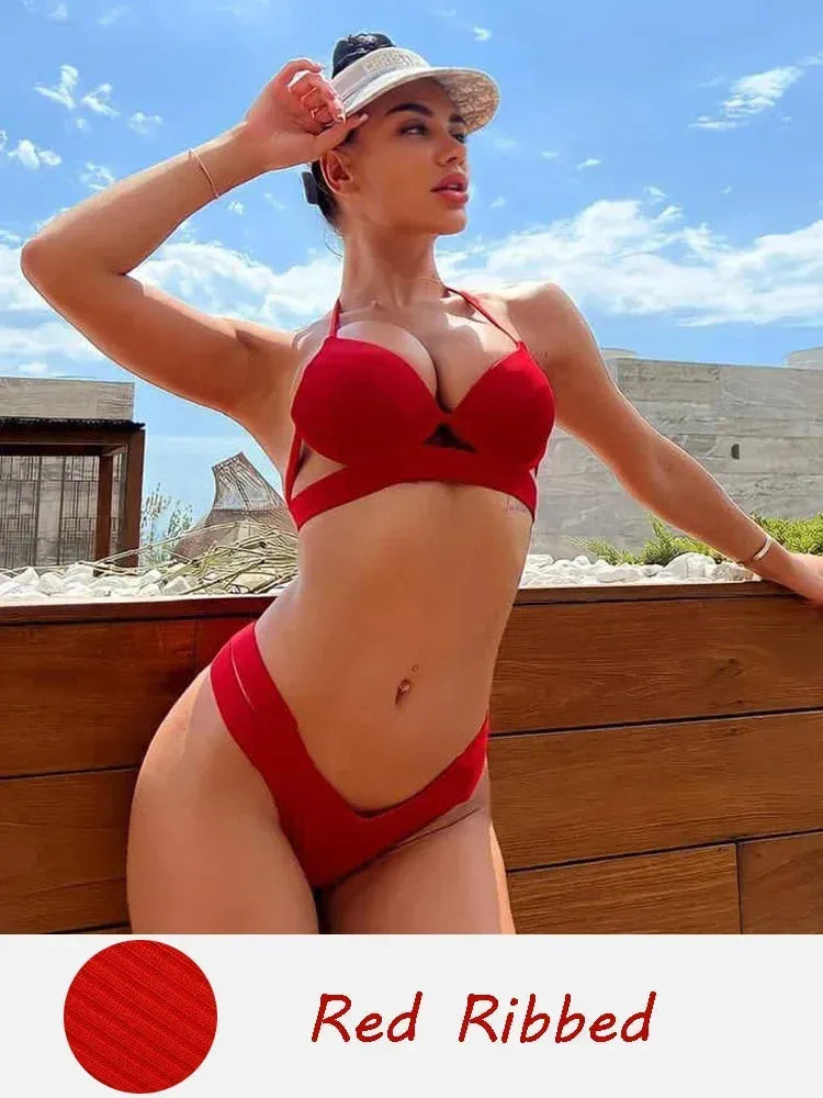 Women's backless skinny cut bikini set in leopard print on a mannequin
