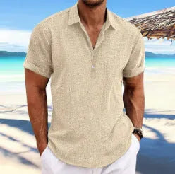 Man wearing a light grey, loose-fit cotton blend cardigan with lapels, suitable for casual daily wear.