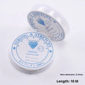 A reel of transparent white elastic cord for jewellery making, showing its fine diameter and crystal-clear finish.