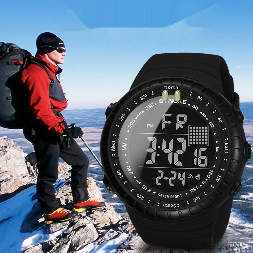 Men's black waterproof electronic outdoor watch with large dial on a PU strap.