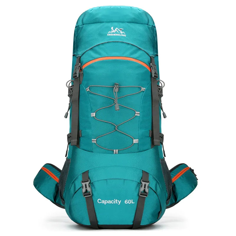 Large capacity lightweight waterproof mountaineering bag in army green with multiple compartments and padded straps