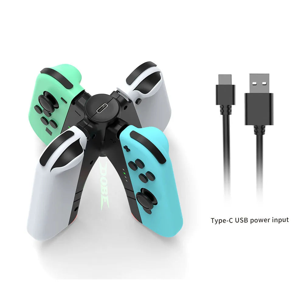 Black ABS four-in-one Joy-Con charger holder with Type-C interface for Switch OLED and Switch rod end.