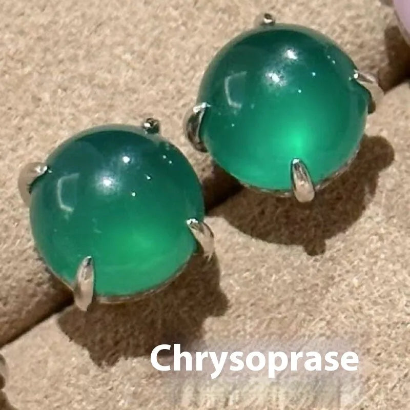 Round egg surface chalcedony stud earrings with Chinese retro design and four-claw copper setting