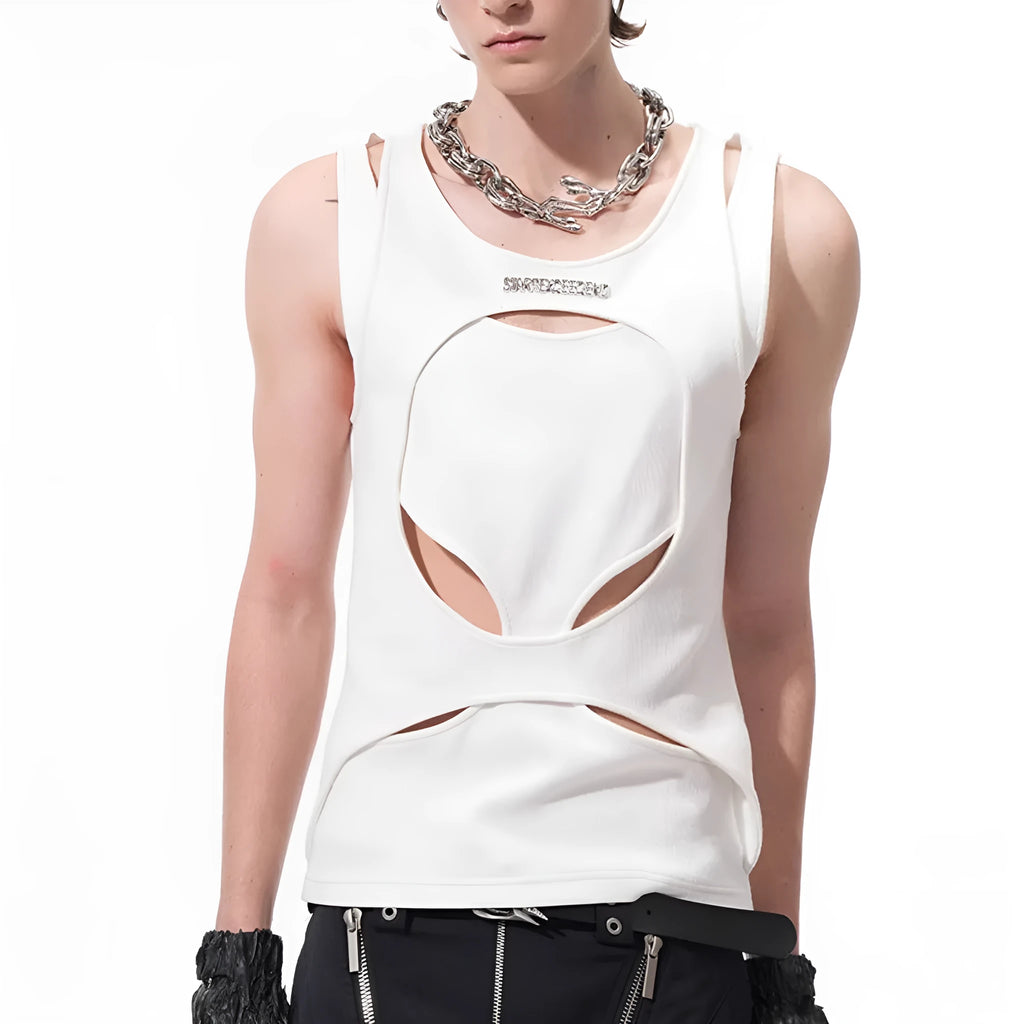 Man wearing a black sleeveless pullover waistcoat with a round neck, showcasing the loose fit and hollow thread texture.