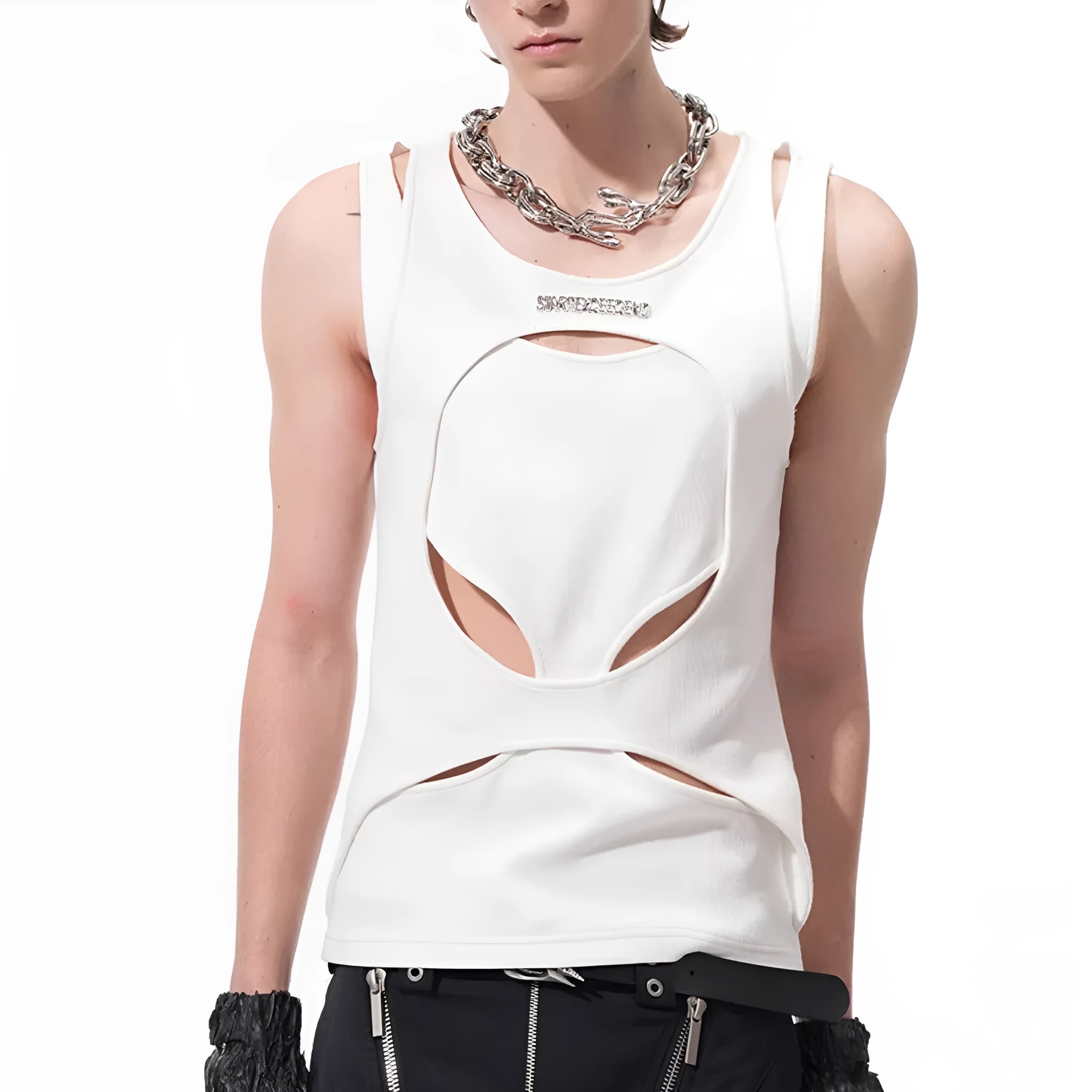 Man wearing a black sleeveless pullover waistcoat with a round neck, showcasing the loose fit and hollow thread texture.