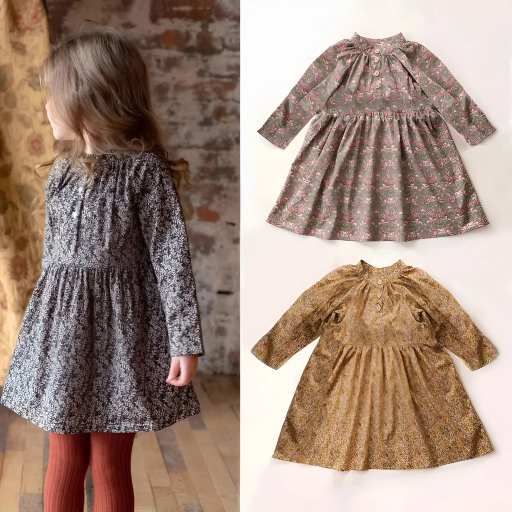 Spring Autumn Korean Style Children's Cotton Linen Printed Dress Long Sleeve Girls Pastoral Dress Suitable Height 80cm 90cm 100cm 110cm 120cm
