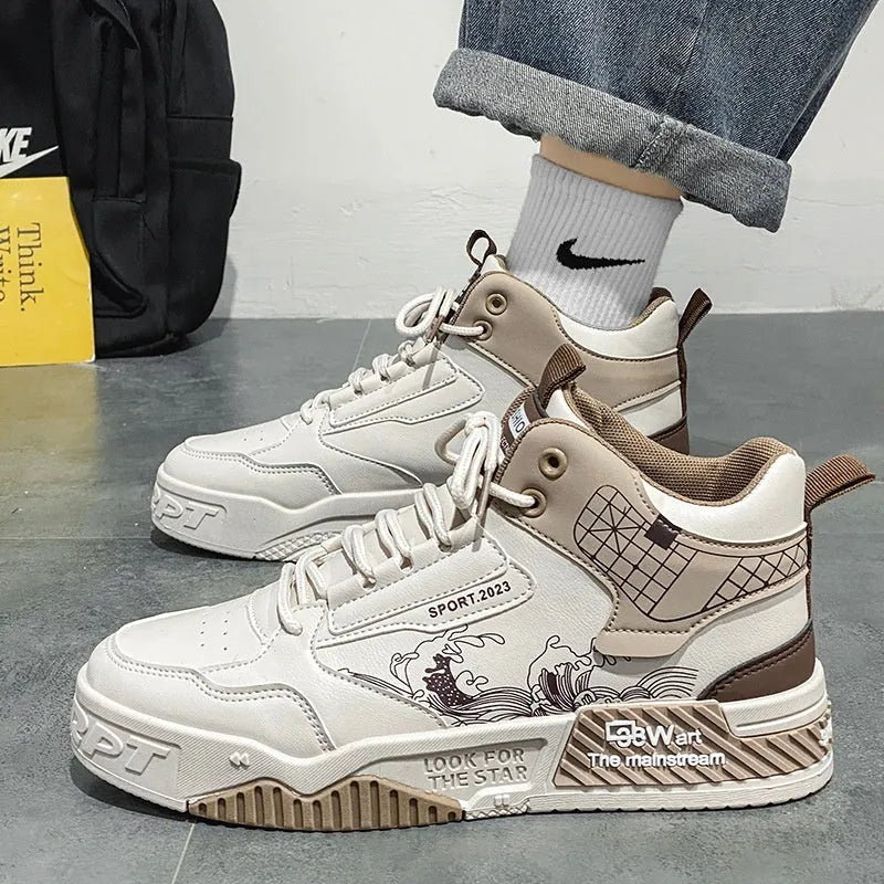 Men's high-top board shoes in beige colour with front lace-up design and rubber sole