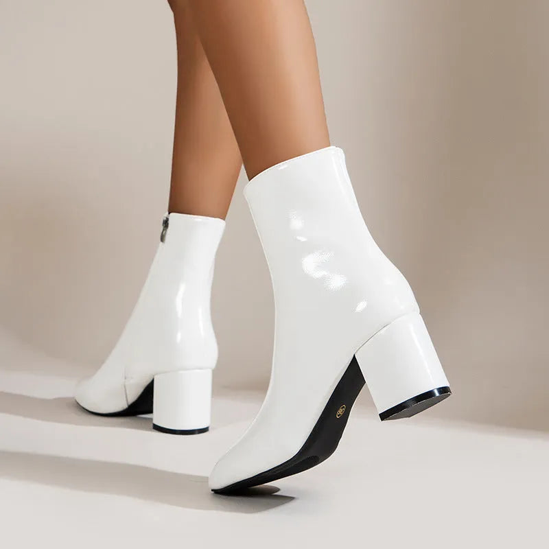 Women's chunky heel pointed toe mid-calf boots with side zipper in black shiny leather