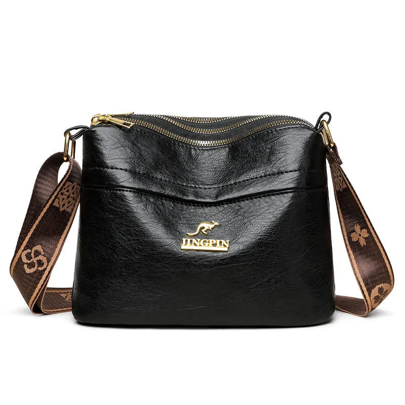 Brown PU cross body messenger bag with multiple compartments and sandwich pocket design
