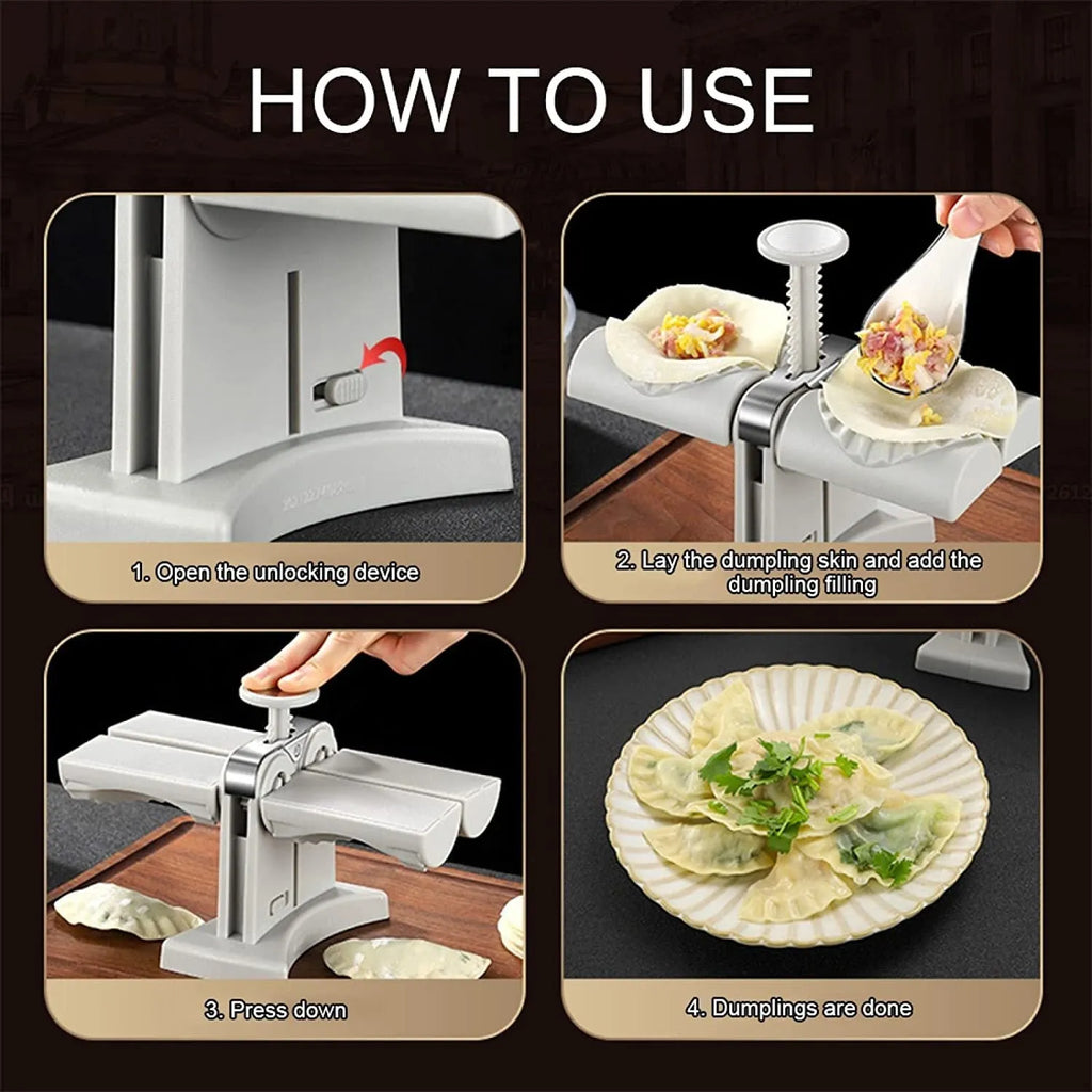 White plastic manual dumpling maker with double head press and anti-slip rubber base mat.
