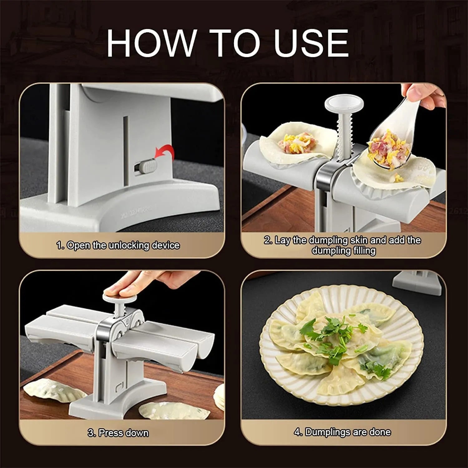 White plastic manual dumpling maker with double head press and anti-slip rubber base mat.