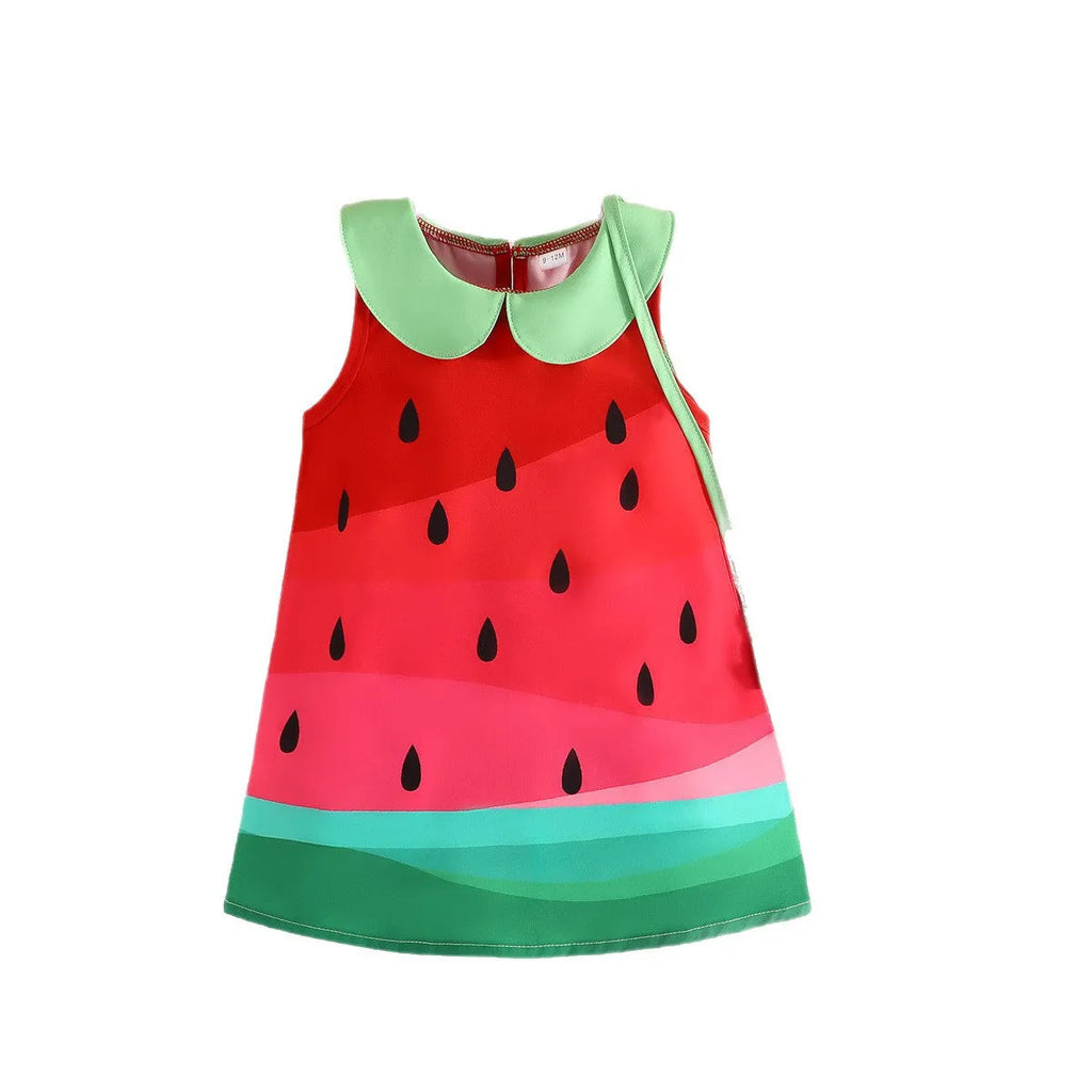 Girls fruit printed sleeveless dress in cartoon pattern, polyester fibre, available in sizes 6 months to 3 years
