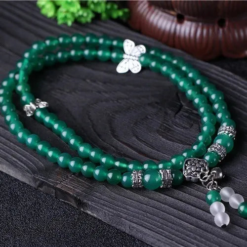 Green agate multi-layer bracelet with 6mm beads on chain design