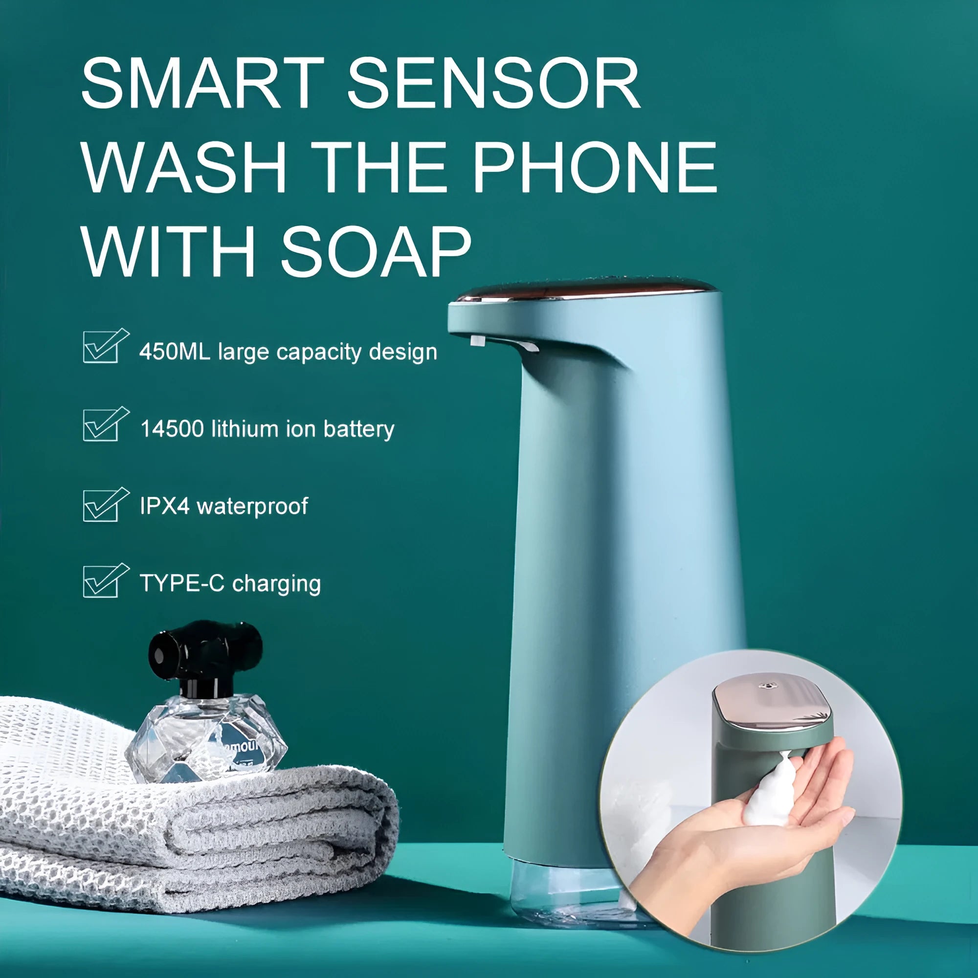 White automatic foam soap dispenser with infrared sensor on a bathroom countertop