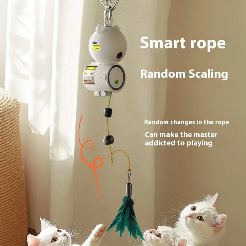 White plastic hanging retractable cat toy with feather lure and USB cable on hook