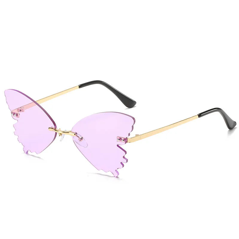 Butterfly rimless sunglasses with UV400 protection, vintage style, plastic and metal frame, available in blue green grey pink purple red yellow