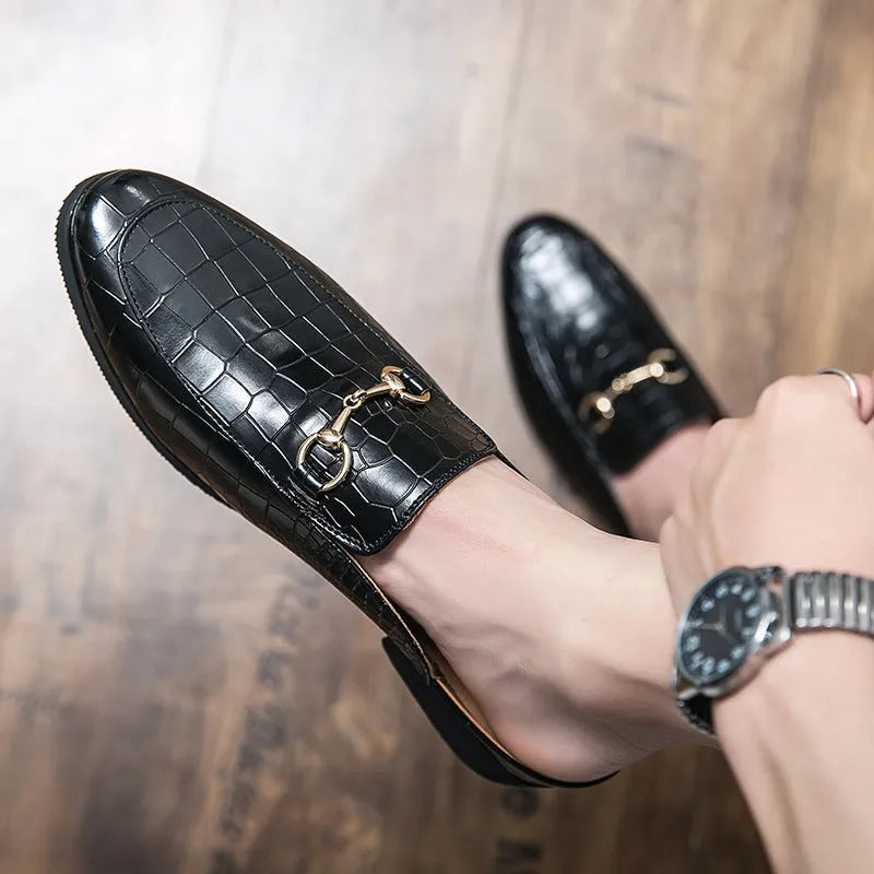 Men's lazy semi slipper shoes made of artificial PU upper in black, brown, and wine red colour options, sizes 38-48