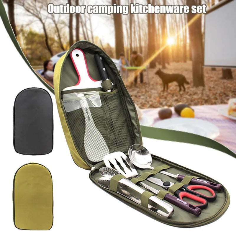 8-piece stainless steel camp kitchen utensil set in black storage bag on outdoor table