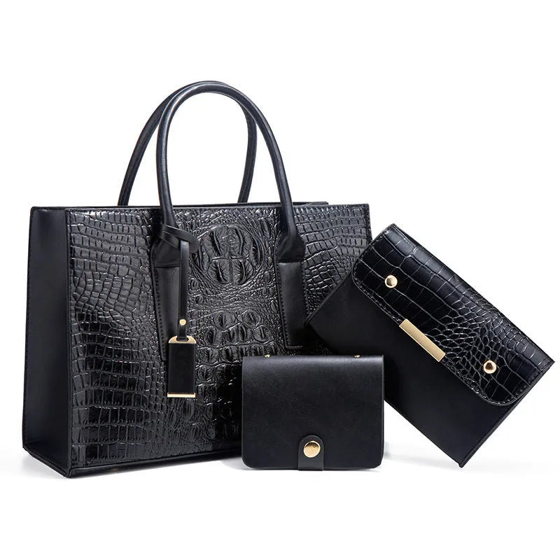 Women's three-piece PU leather handbag set with crocodile pattern in four colour options