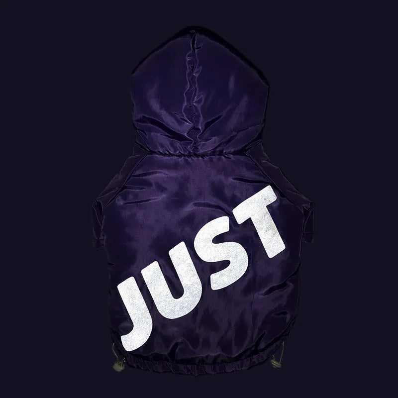 Purple printed pet winter cotton coat for dogs in sizes L to XXXL on a white background