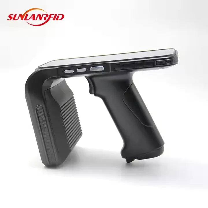SLP-05 black Android handheld UHF RFID reader and scanner with display screen.