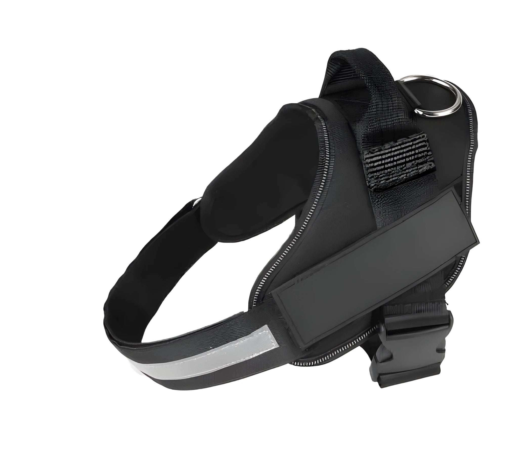 Adjustable dog harness with mesh padded vest in assorted colours, showing reflective strips and D-ring leash attachment.