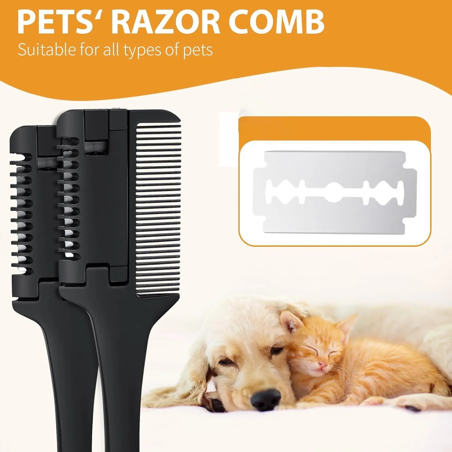 Pet razor comb grooming tool with comb teeth and integrated razor blade for dogs and cats