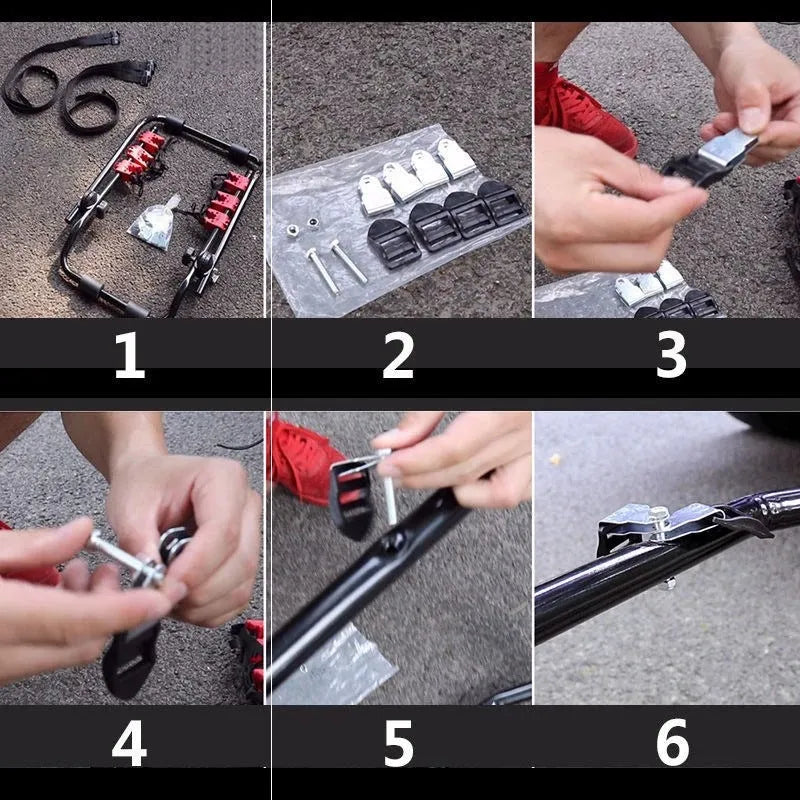 Black and red trunk mounted bike rack with iron frame and sponge padding, showing tie rope and pull belt fastening options.