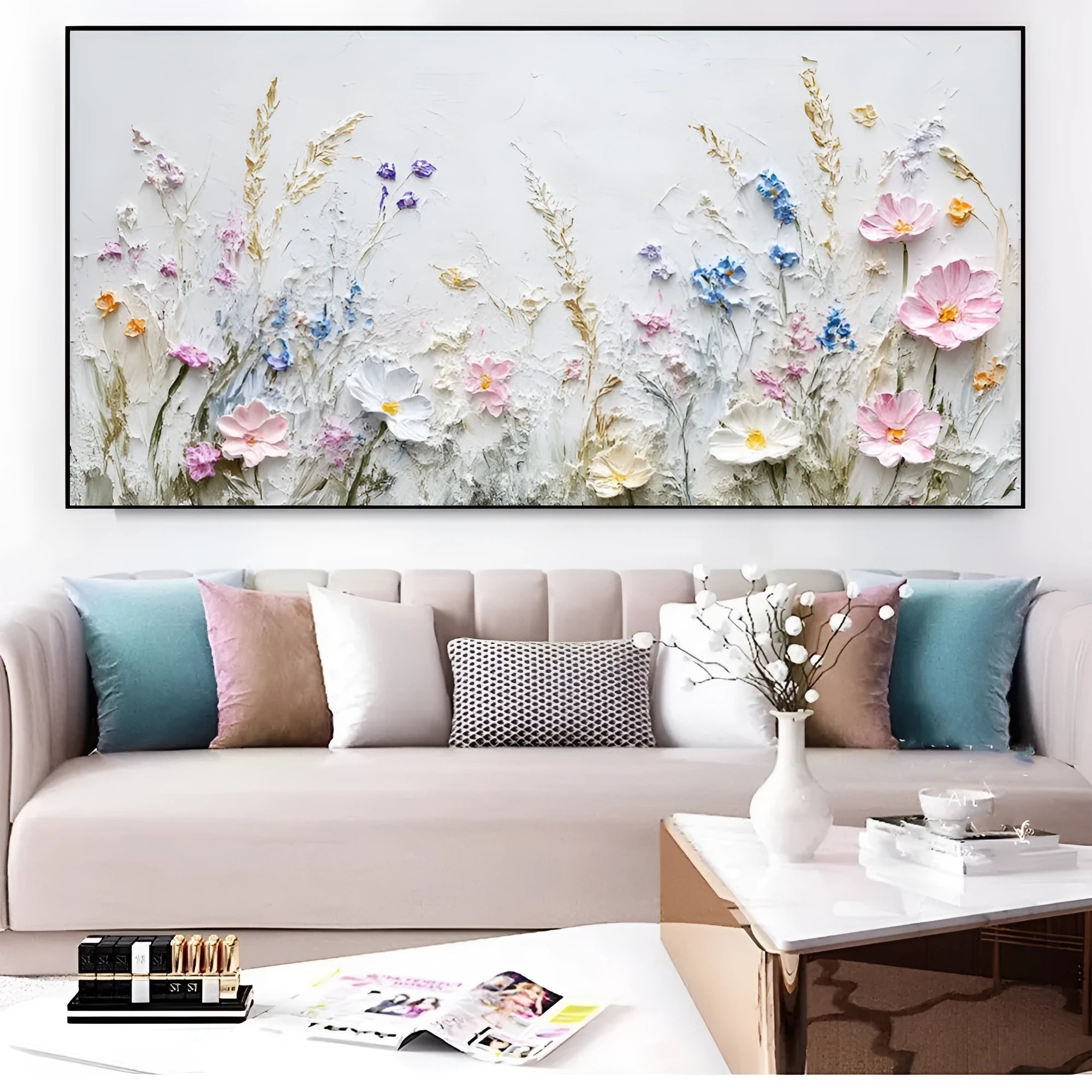 Handmade oil painting canvas wall art with 3D palette knife flowers in modern style, horizontal orientation, frameless and rolled