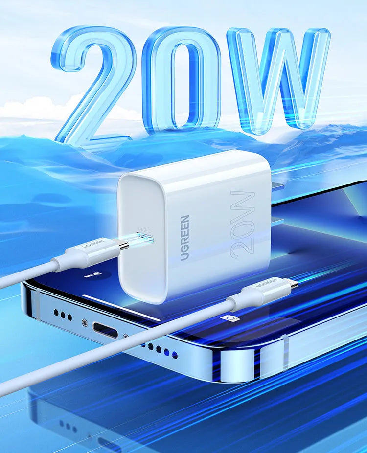 White 20W PD fast-charging head, MFi certified, compact 70x35x90mm, for Apple iPhone 8 to 14