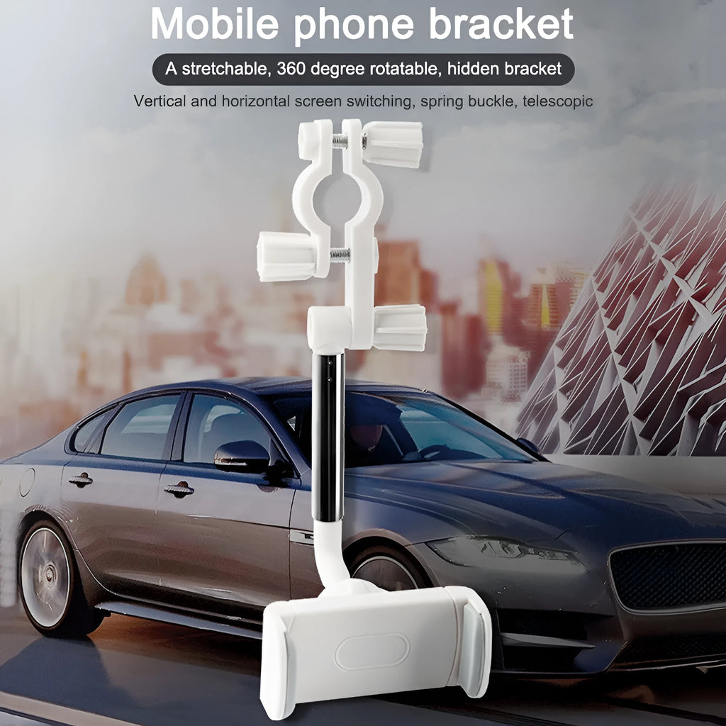 Black car phone holder mounted on rearview mirror showing 360-degree rotation mechanism