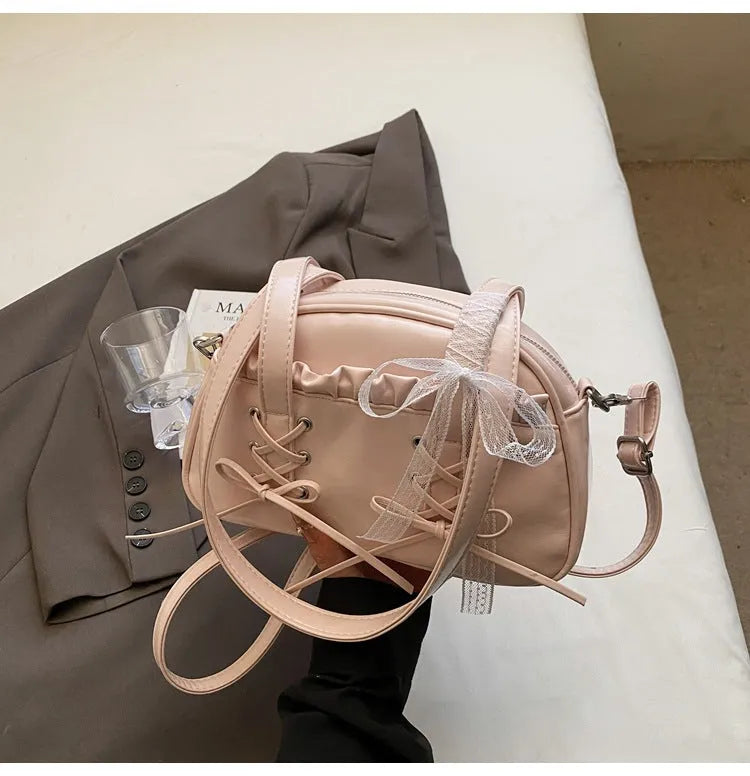 Women's bandage bow PU leather shoulder handbag with mobile phone pocket in milky white