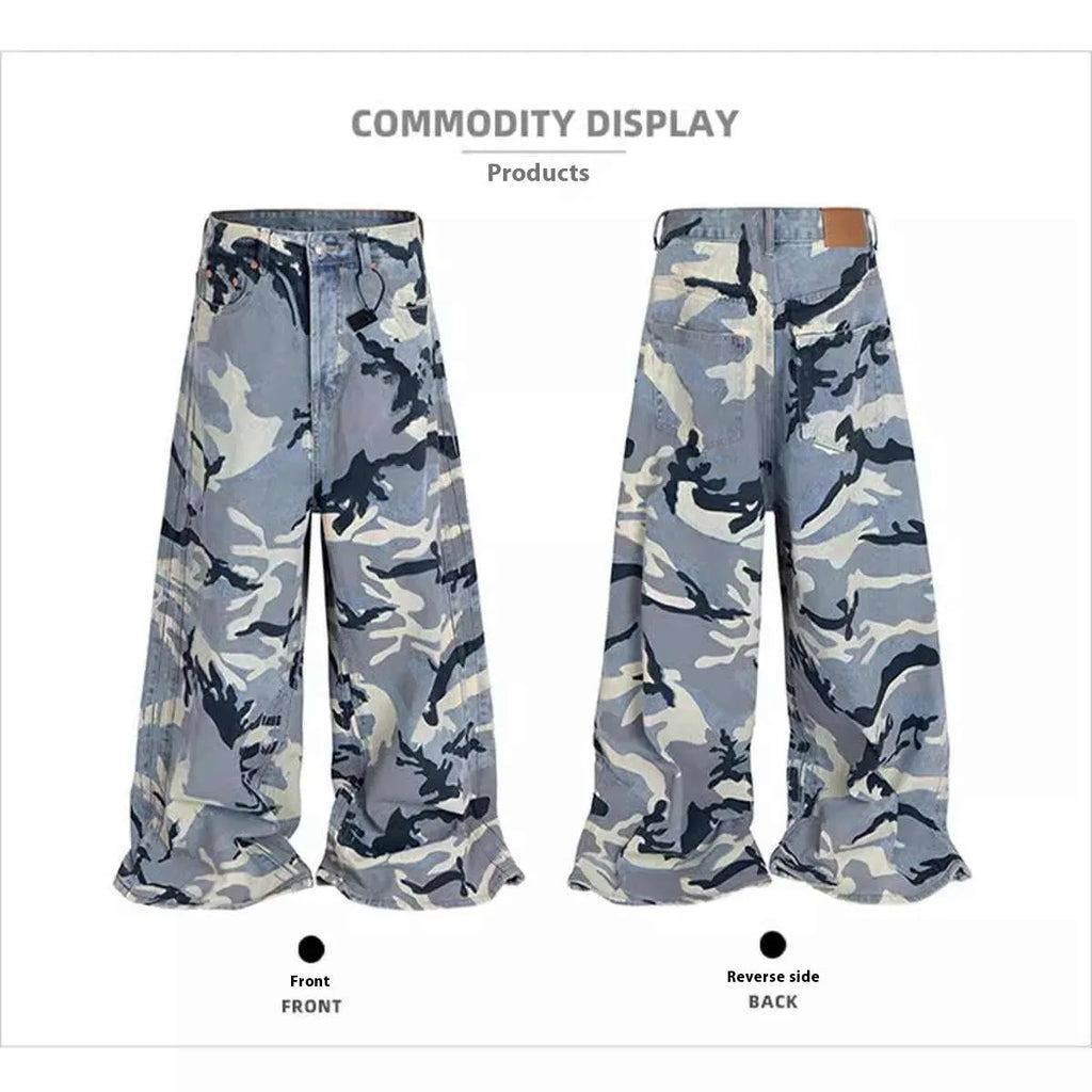 A pair of loose-fit blue jeans with a snow camouflage pattern on a mannequin.