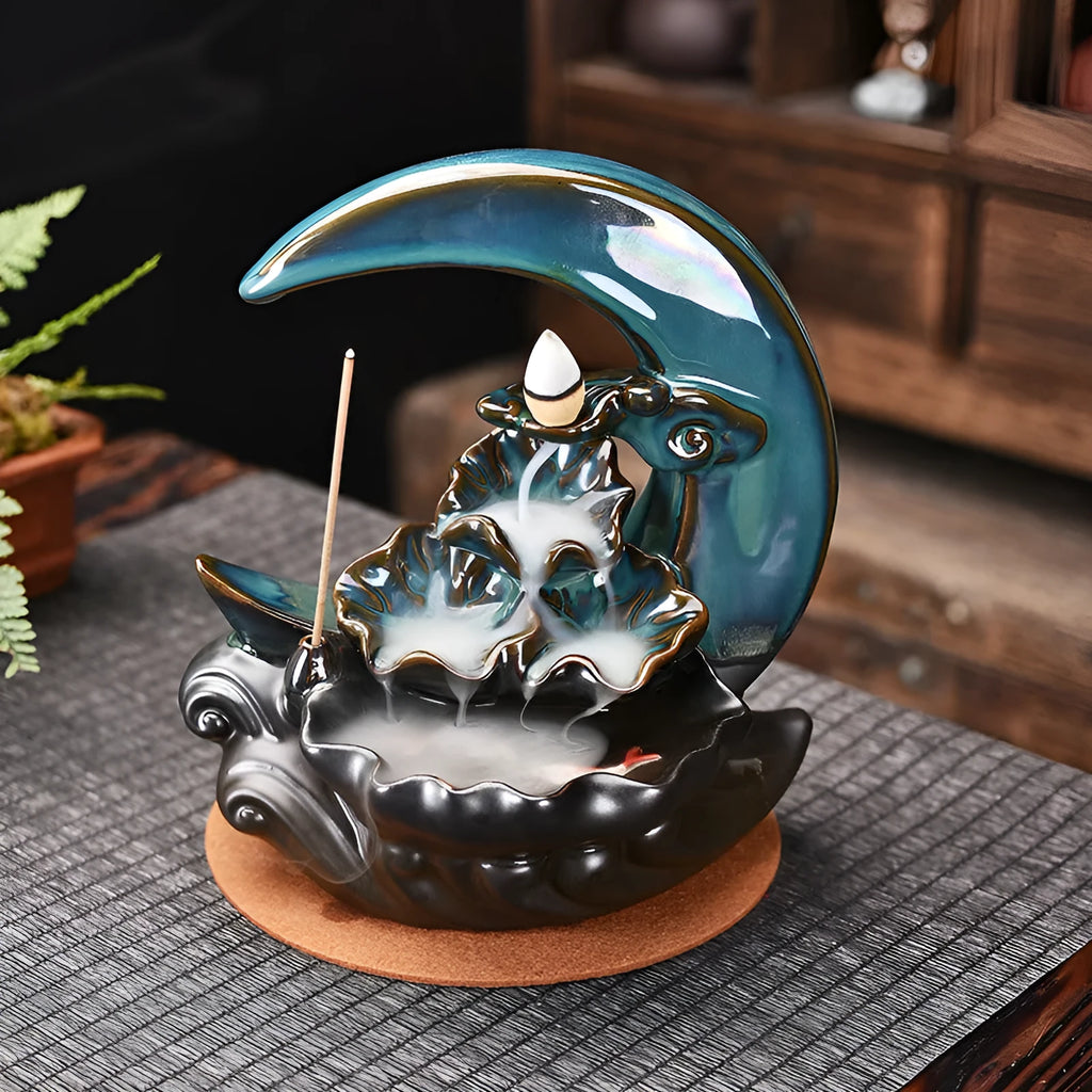 Monochrome glazed porcelain backflow incense burner holder, handmade Chinese abstract ornament for incense, colour A or B