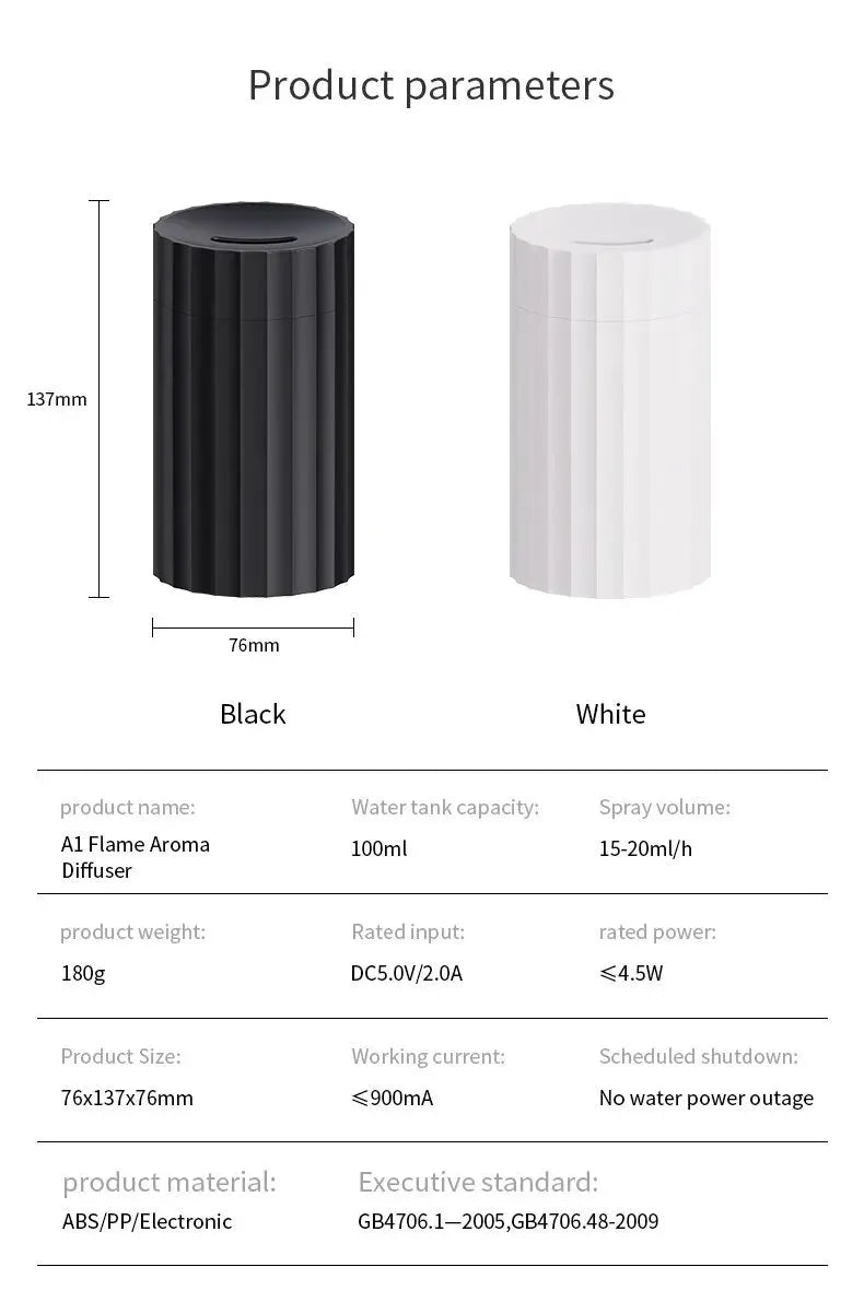 Black and white air humidifier with flame effect lighting and essential oil diffuser function