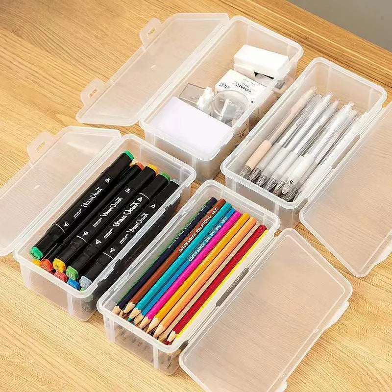 Transparent plastic stationery storage box with large capacity for pencils and crayons