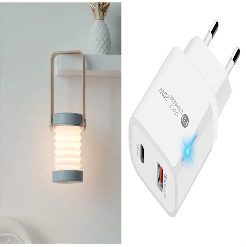 White foldable LED night light in both table lamp and tall lantern configurations, with USB cable.