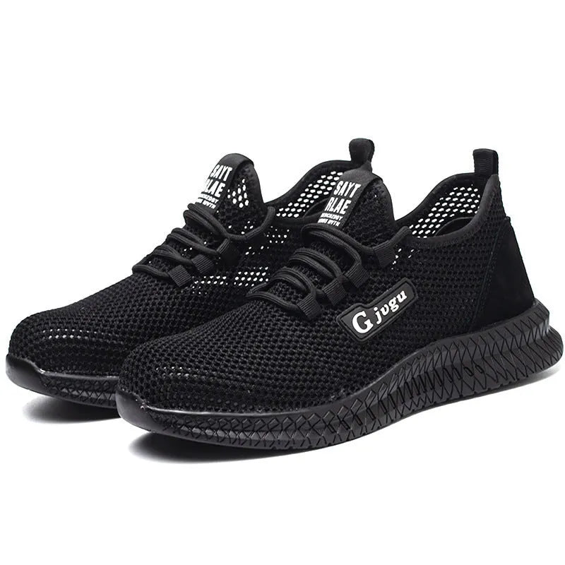Men's safety work shoes with Flyknit upper and steel toe cap in black, grey and yellow colour options