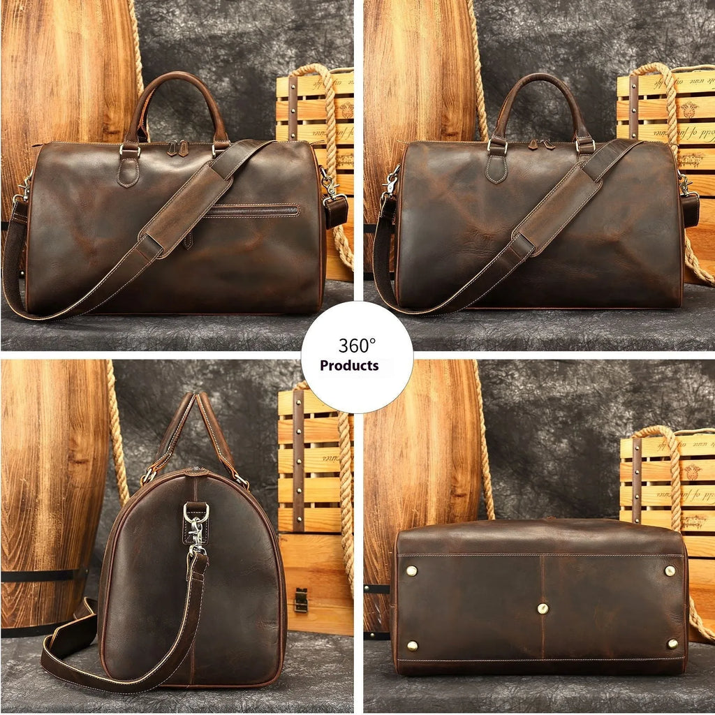Men's vintage leather crossbody bag showing large capacity and first-layer cowhide material