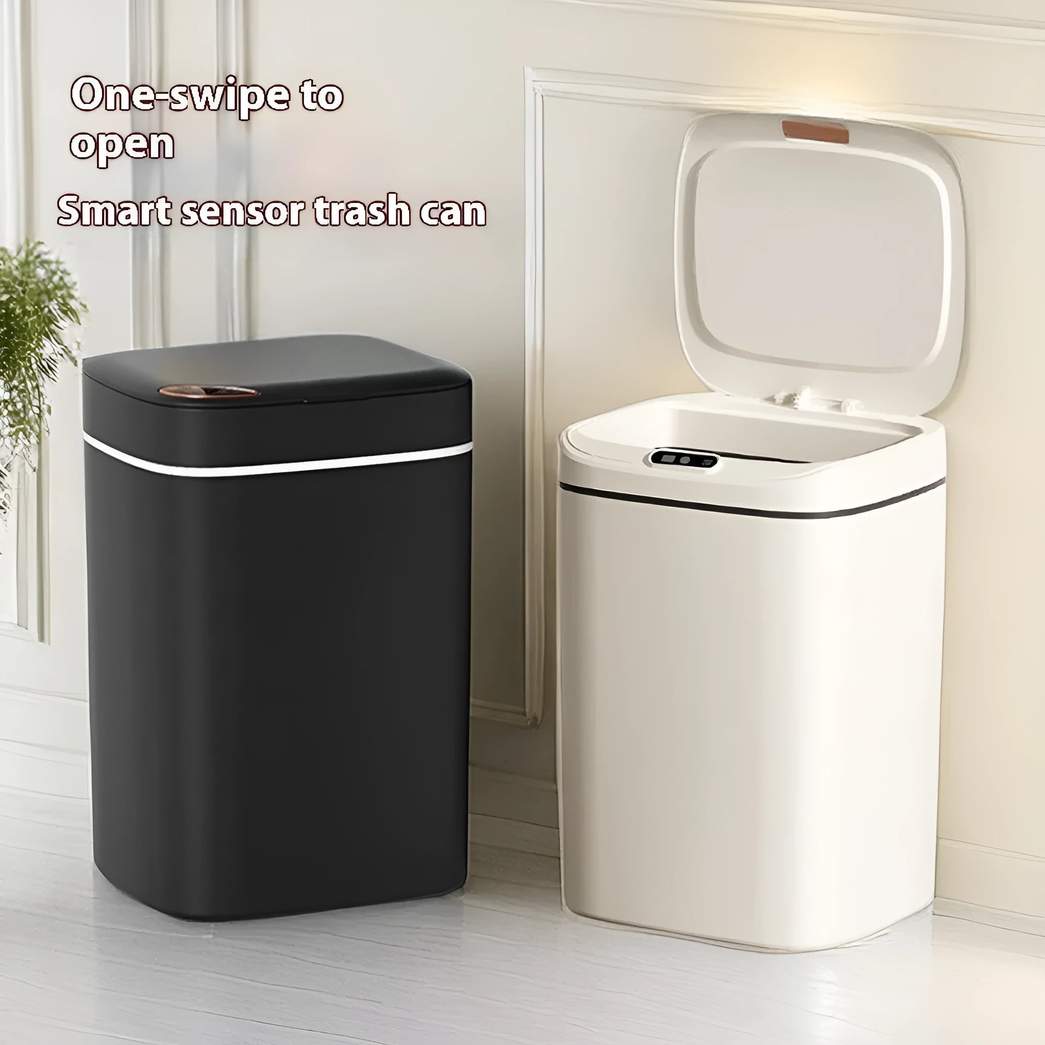 Square automatic induction kitchen bin with sensor lid and internal waste sorting compartments.