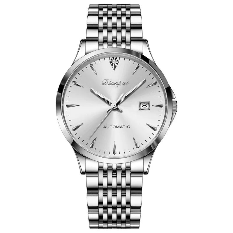 Men's stainless steel automatic watch with a simple dial and mineral glass crystal.